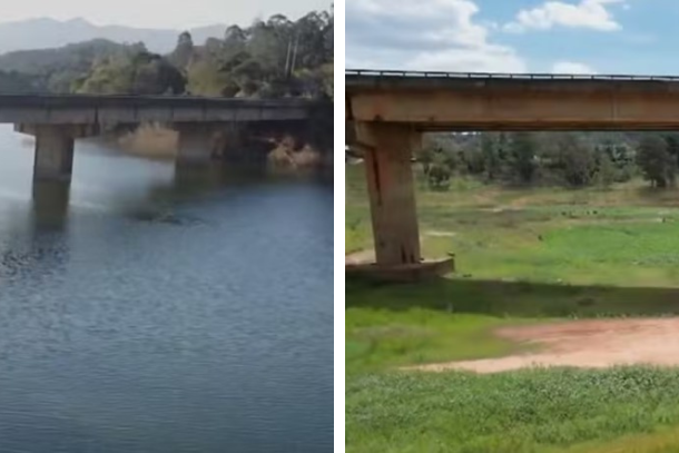 Seca expõe ponte em represa de Piracaia e escancara crise hídrica em São Paulo